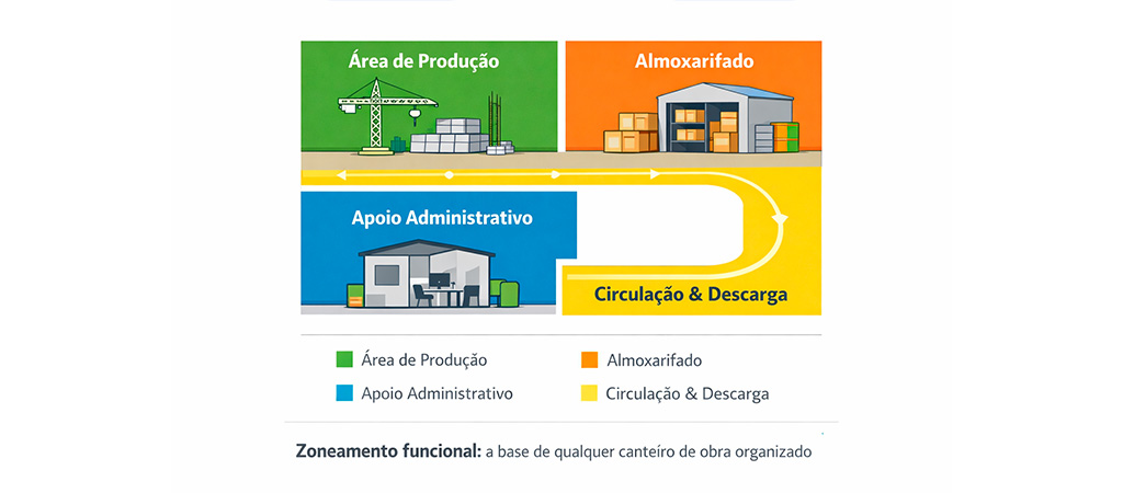 Diagrama de zoneamento funcional de canteiro de obra com áreas de produção, armazenagem, apoio e circulação identificadas