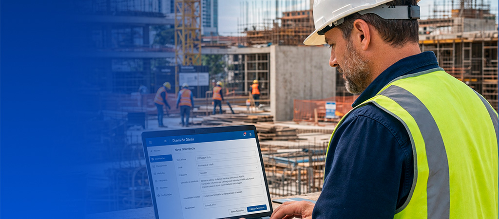 Engenheiro registrando ocorrência no diário de obras digital em canteiro de construção civil