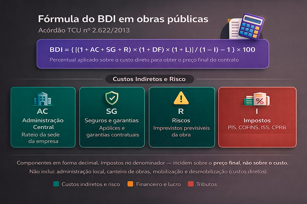 Fórmula matemática para o cálculo do BDI (Benefício e Despesas Indiretas) recomendada pelo TCU. 