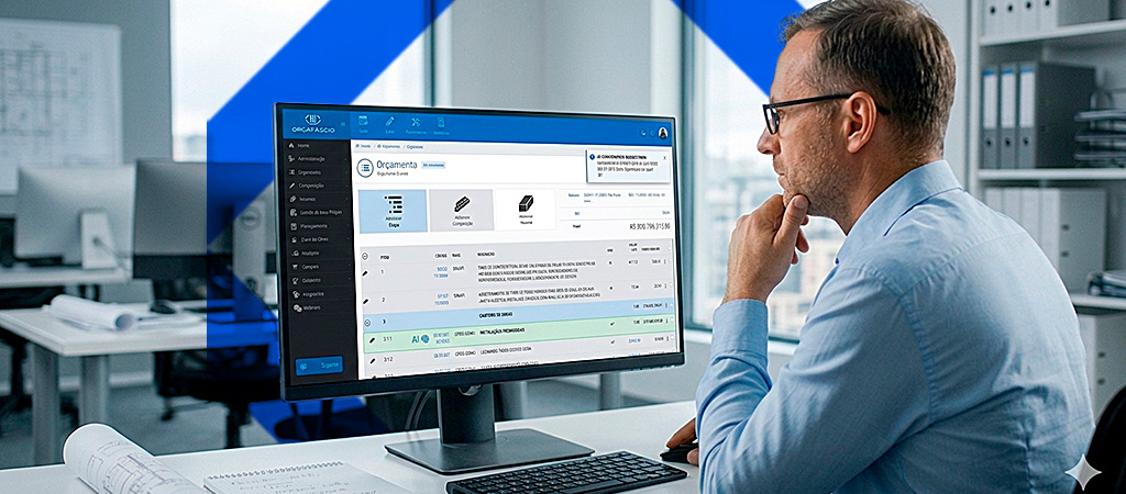 Engenheiro analisando composições de preço geradas por IA em sistema de orçamento de obras 