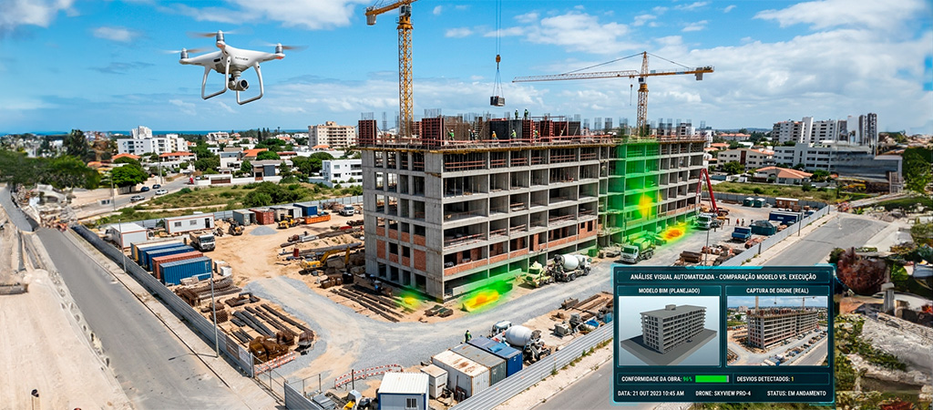 Drone monitorando canteiro de obras com análise automatizada de avanço físico por inteligência artificial 