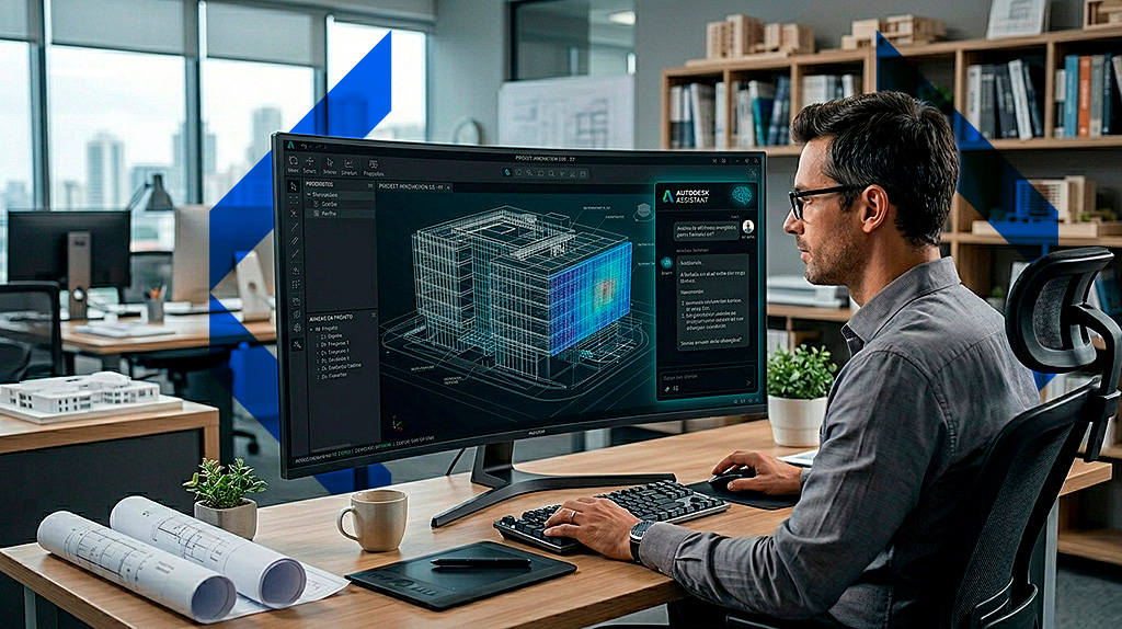 Tela do Revit 2027 com painel do Autodesk Assistant aberto ao lado de modelo BIM 3D