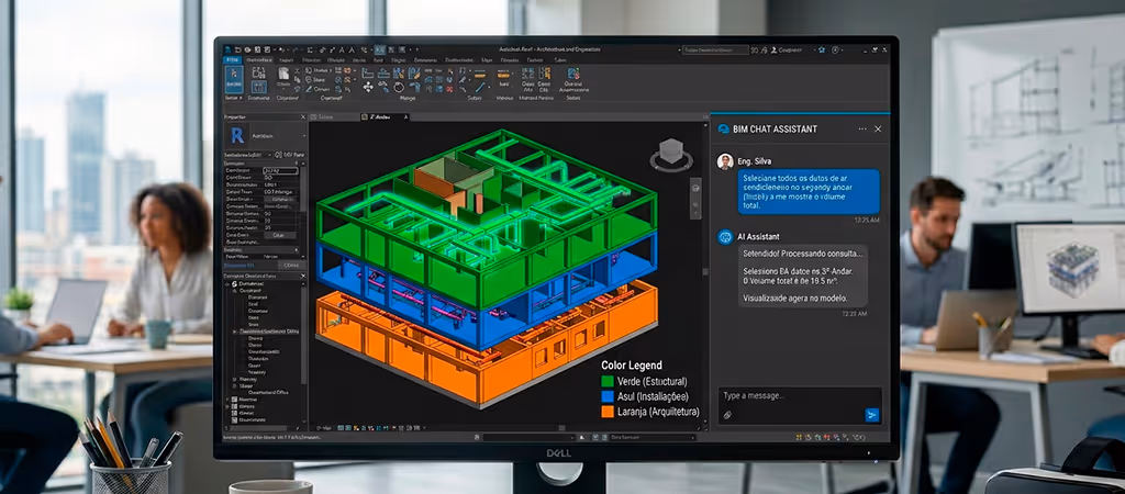 Painel de chat do Autodesk Assistant no Revit 2027 com ambientes coloridos por parâmetro de departamento 