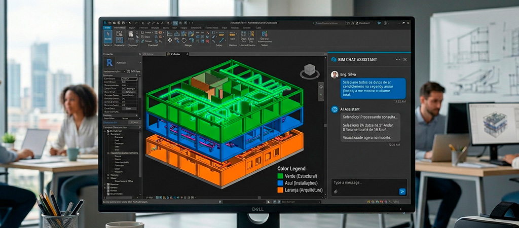 Painel de chat do Autodesk Assistant no Revit 2027 com ambientes coloridos por parâmetro de departamento 