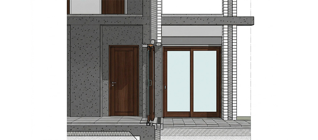 Seção de parede hospedada no Revit 2027 com porta penetrando camadas estrutural e de acabamento 