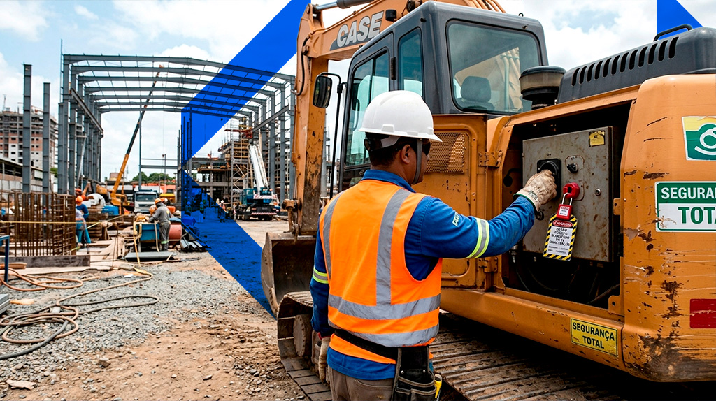 Operador em canteiro de obras aplicando procedimento de bloqueio de segurança em máquina conforme NR 12 atualizada