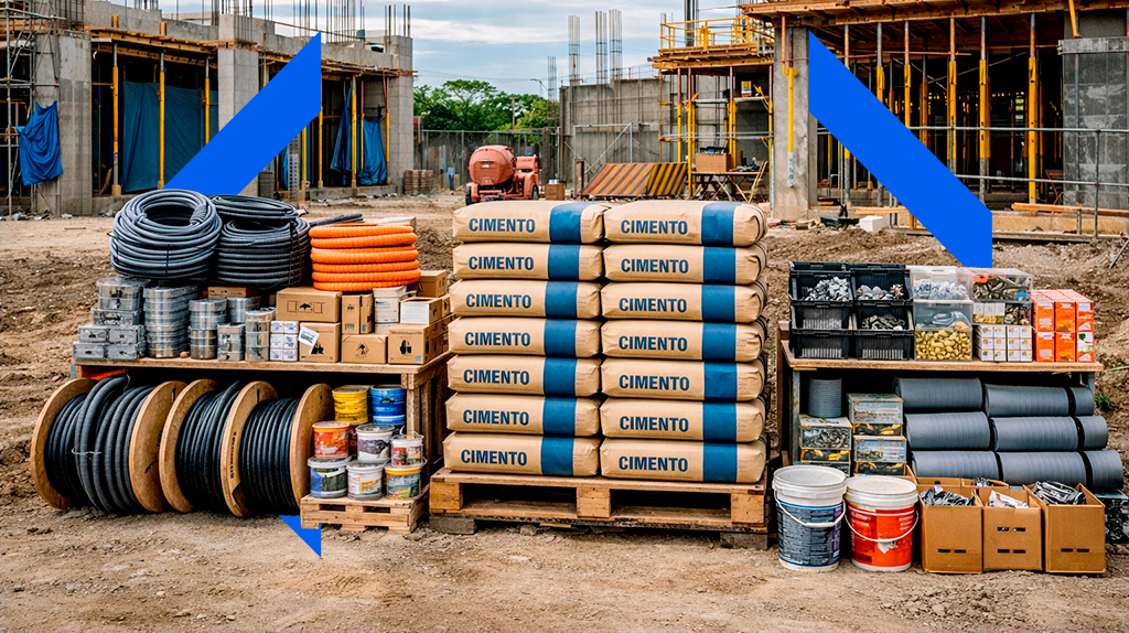 Almoxarifado de canteiro de obras com materiais organizados representando gestão de fornecedores pela Curva ABC