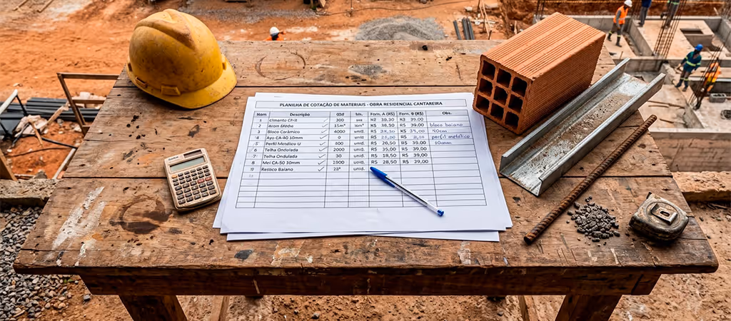 planilha de cotações de fornecedores sobre mesa de canteiro com amostras de materiais de construção