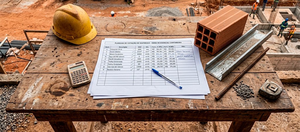 planilha de cotações de fornecedores sobre mesa de canteiro com amostras de materiais de construção 