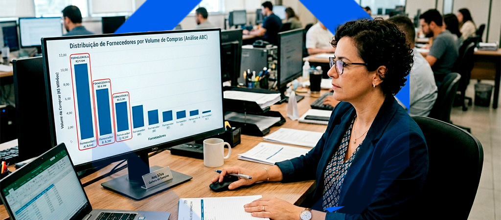 gestora analisando gráfico de Curva ABC de fornecedores em tela de computador no escritório de construtora