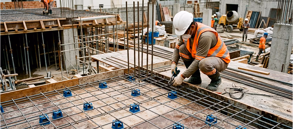 Armadura de laje de concreto armado com espaçadores para cobrimento em canteiro de obras