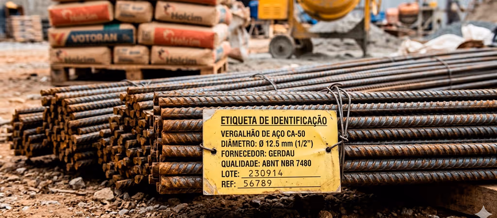 Vergalhões de aço CA-50 empilhados em canteiro de obras com etiqueta de identificação visível