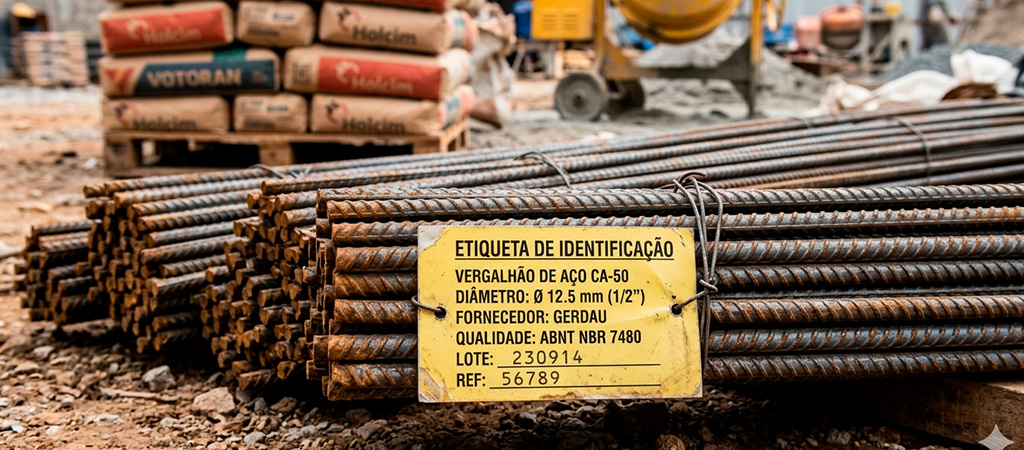 Vergalhões de aço CA-50 empilhados em canteiro de obras com etiqueta de identificação visível 