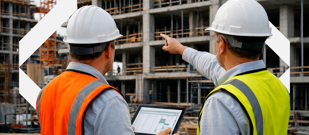 Engenheiros acompanhando execução de empreiteira de obras com controle de medição em tablet 