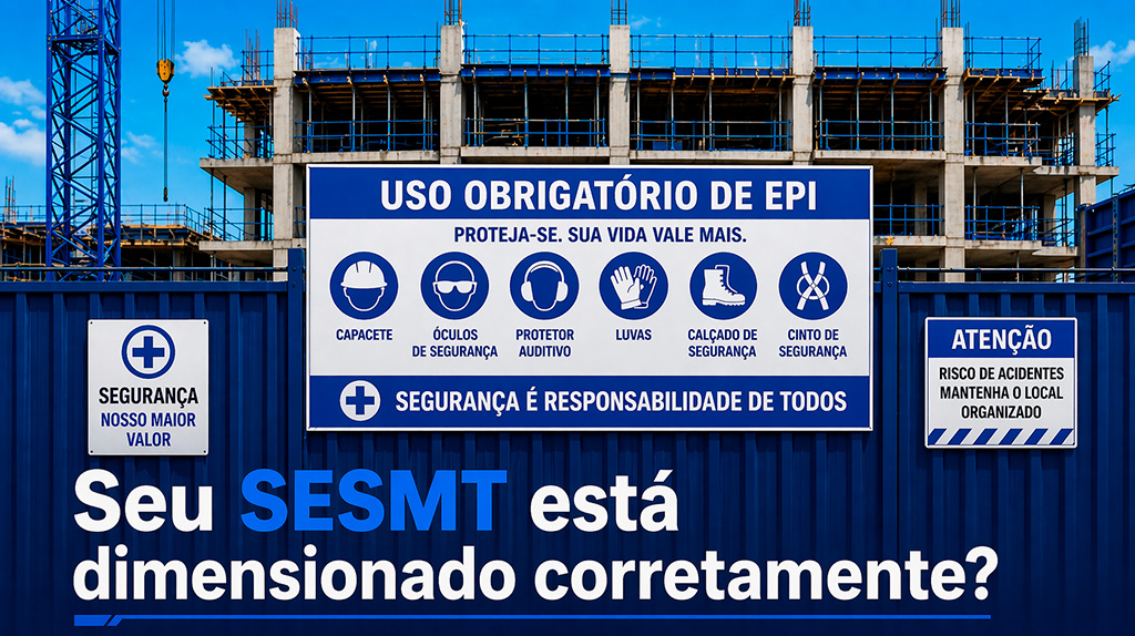 Placa de sinalização de segurança do trabalho em canteiro de obras representando a NR 4 atualizada e o SESMT