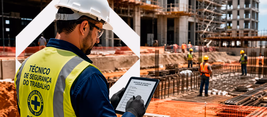 Técnico de segurança do trabalho realizando inspeção em canteiro de obras com equipamentos de proteção