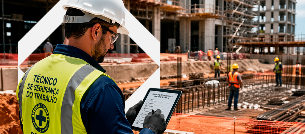 Técnico de segurança do trabalho realizando inspeção em canteiro de obras com equipamentos de proteção
