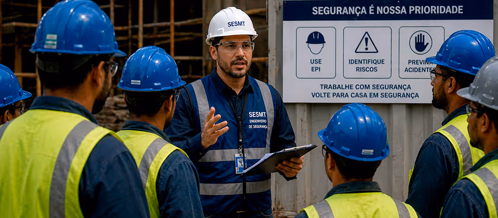 Engenheiro de segurança conduzindo briefing com equipe de obra sobre normas de segurança NR 4