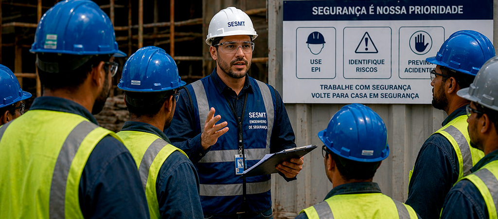 Engenheiro de segurança conduzindo briefing com equipe de obra sobre normas de segurança NR 4