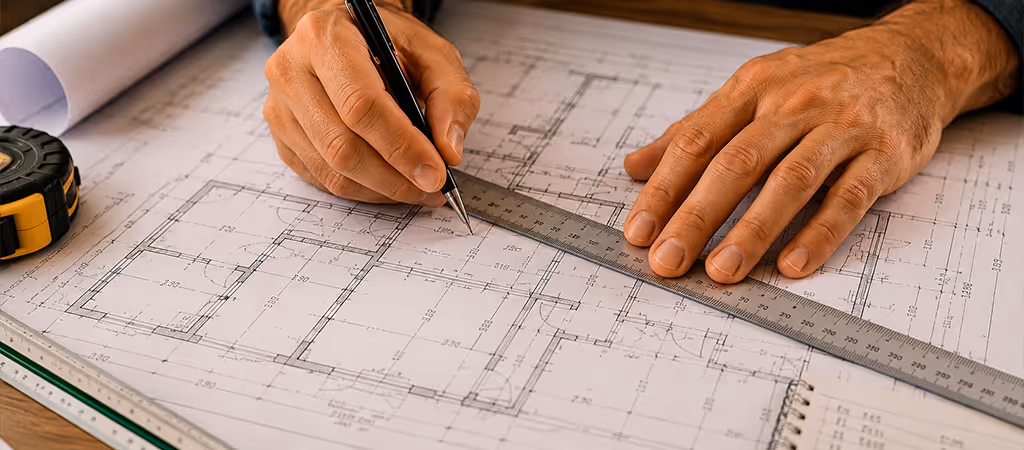 Mãos anotando medidas sobre planta de obra com régua durante levantamento de quantitativos
