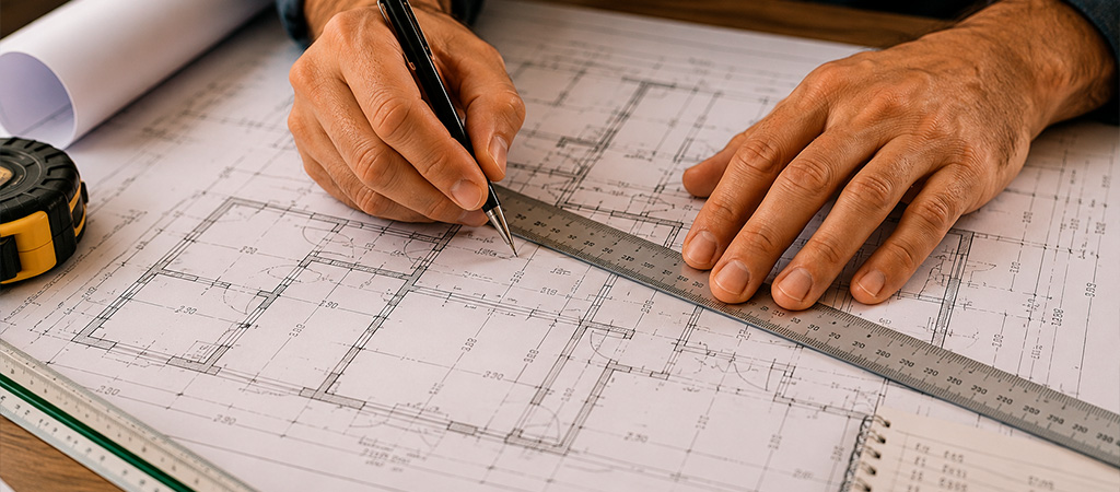 Mãos anotando medidas sobre planta de obra com régua durante levantamento de quantitativos