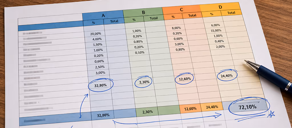 Planilha de encargos sociais SINAPI impressa com grupos A, B, C e D e percentuais destacados sobre mesa