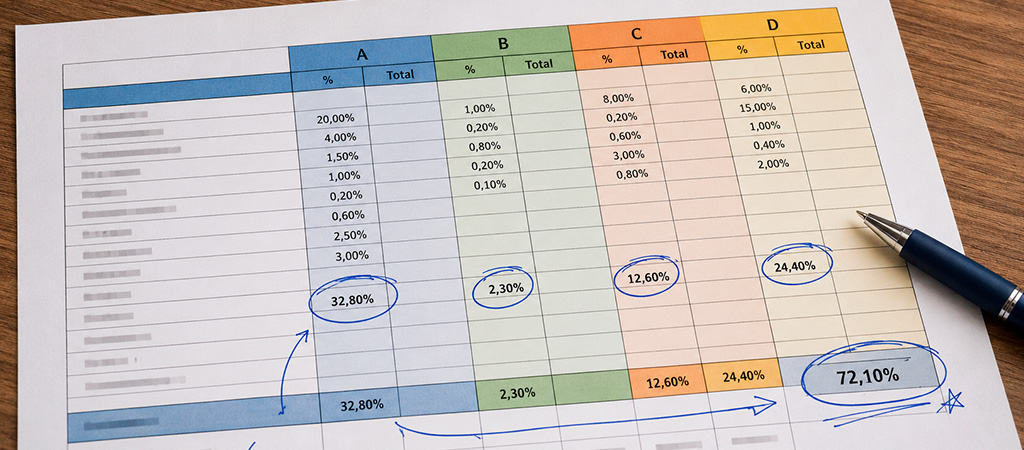 Planilha de encargos sociais SINAPI impressa com grupos A, B, C e D e percentuais destacados sobre mesa