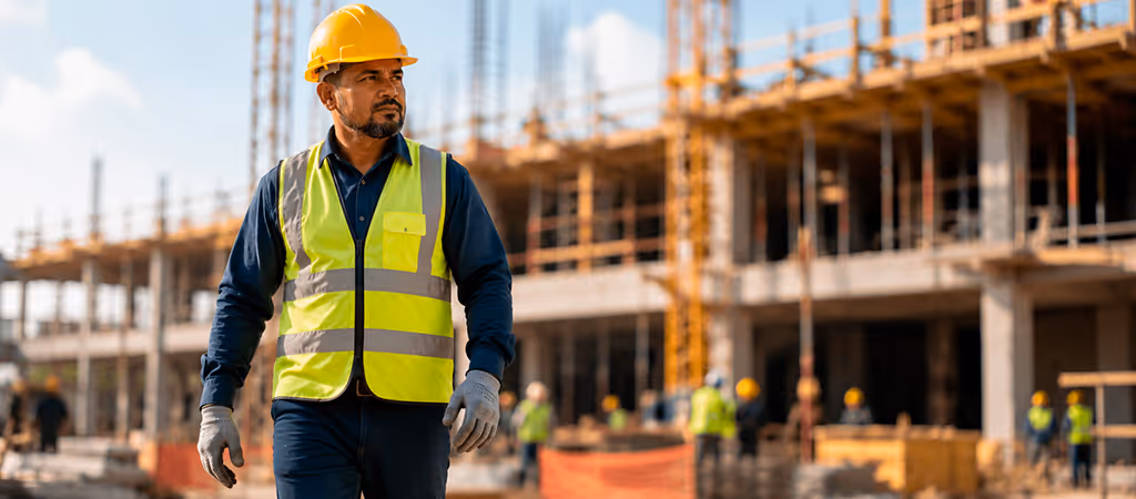 Trabalhador da construção civil com EPI completo em canteiro de obras representando os encargos sociais SINAPI