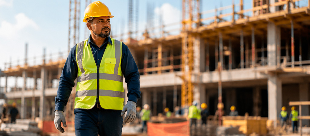 Trabalhador da construção civil com EPI completo em canteiro de obras representando os encargos sociais SINAPI