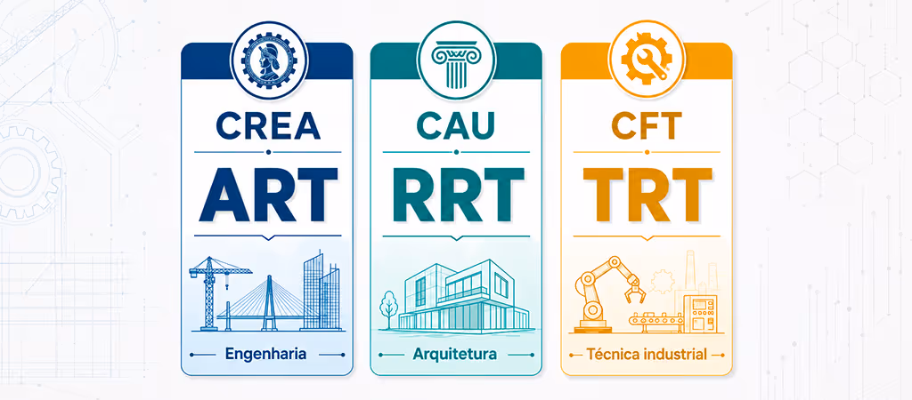 Diagrama comparativo de três blocos paralelos representando ART do CREA para engenheiros, RRT do CAU para arquitetos e urbanistas e TRT do CFT para técnicos industriais e em edificações.