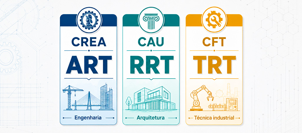 Diagrama comparativo de três blocos paralelos representando ART do CREA para engenheiros, RRT do CAU para arquitetos e urbanistas e TRT do CFT para técnicos industriais e em edificações.