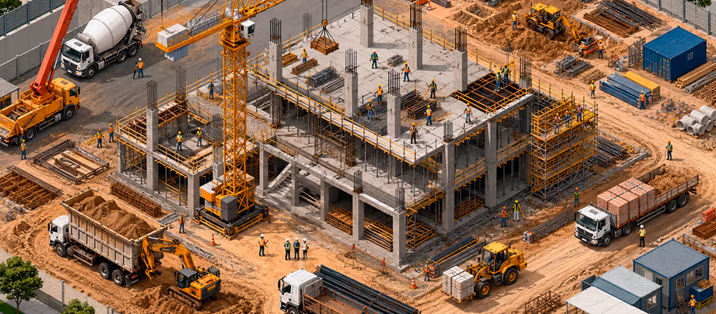 Ilustração isométrica de canteiro de obras com edificação em construção, guindaste, caminhões e profissionais em frentes simultâneas, representando o contexto real onde ART e RRT vinculam responsáveis distintos.