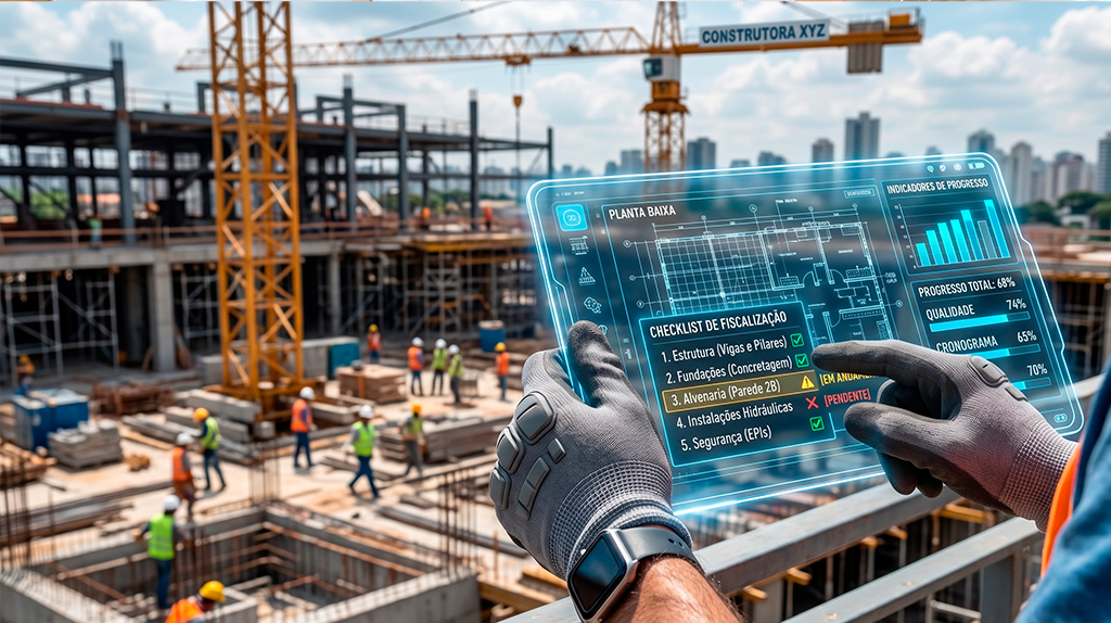 Close-up de tablet/painel exibindo dados técnicos de controle sobreposto a um canteiro de obras, representando a fiscalização de obras profissional.