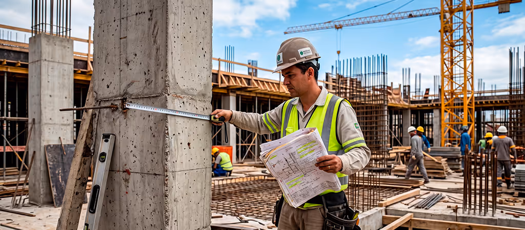 Fiscal de obras inspecionando elemento estrutural com planta técnica em canteiro de obras em execução