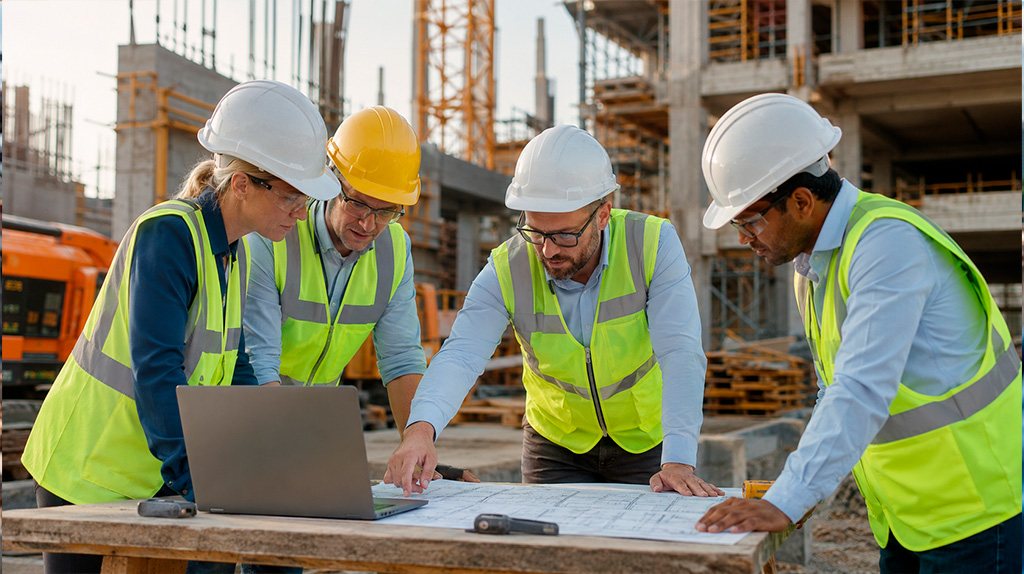 Profissionais da construção civil usando notebook e planta técnica durante a gestão de projetos de obras em um canteiro.