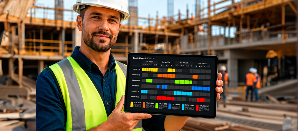 Profissional usando tablet com gráfico de Gantt em um canteiro de obras, com estruturas de concreto e escavadeira desfocadas ao fundo.