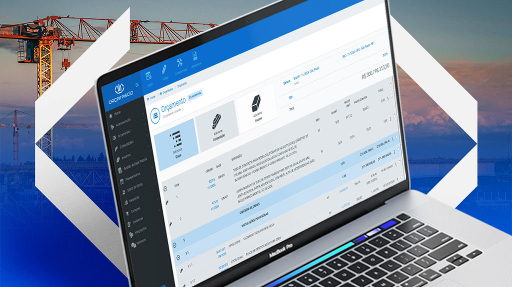 Tela com planilha de orçamento de obras, projetos de engenharia, gráficos de custos e etapas de quantitativos, composições, BDI e revisão técnica.