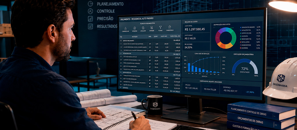 Engenheiro analisando projeto e planilha para fazer orçamento de obras com custos, quantitativos e composições.