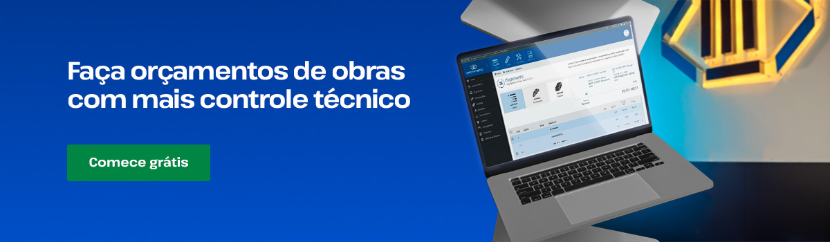 Banner da OrçaFascio destacando plataforma gratuita para orçamento de obras com composições, bases de preços e relatórios técnicos.