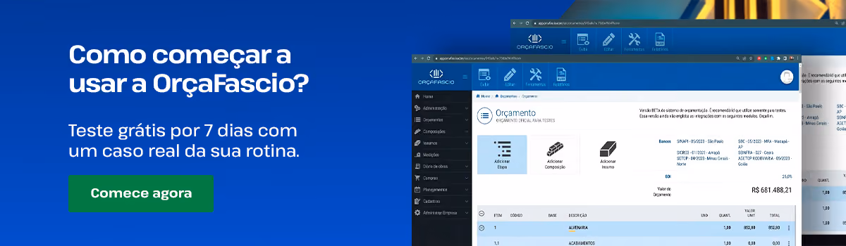 Banner da OrçaFascio convidando o usuário a começar o teste grátis por 7 dias com um caso real da sua rotina.