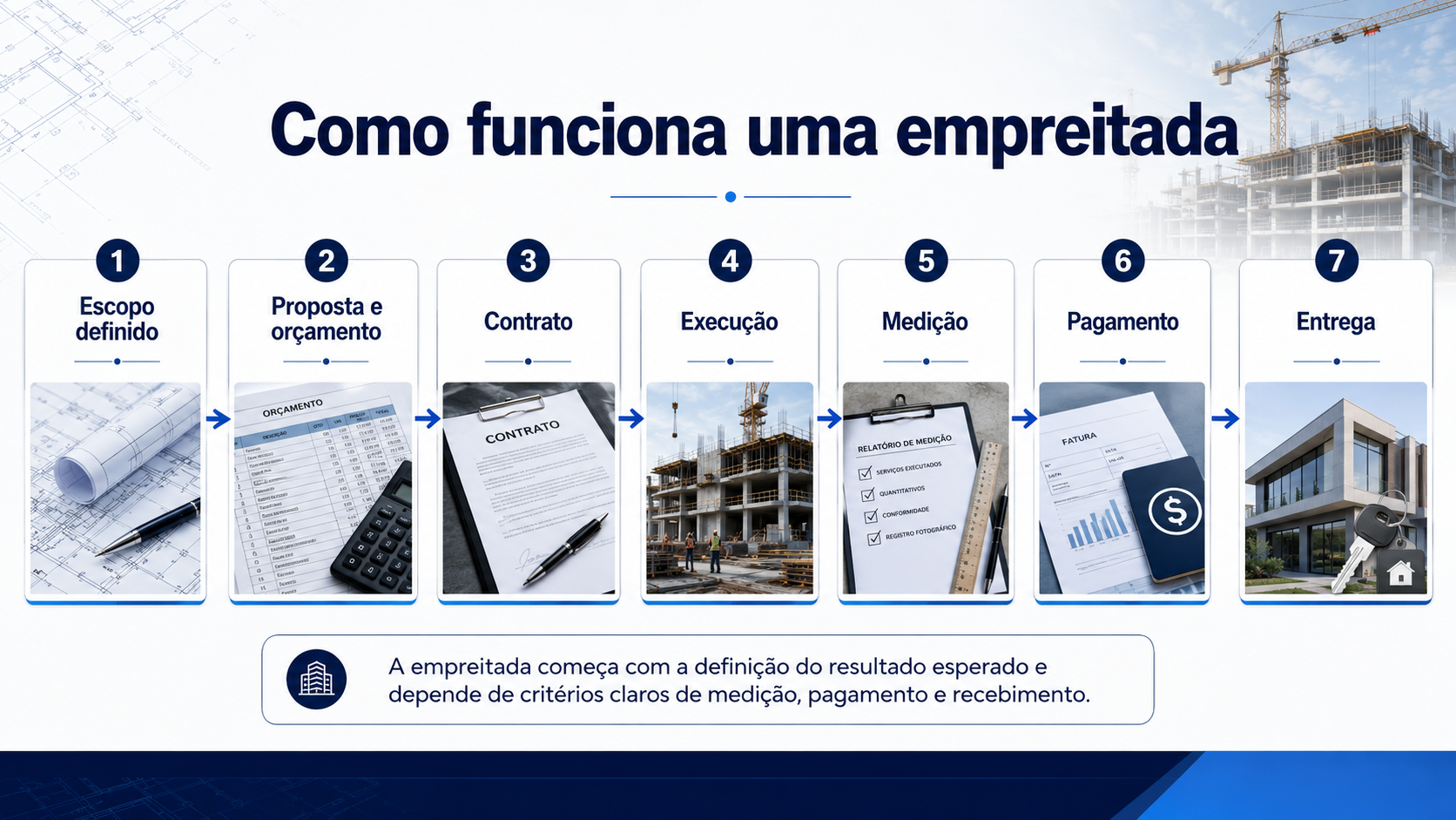 Fluxo de um contrato de empreitada na construção civil, do escopo à execução, medição, pagamento e entrega.