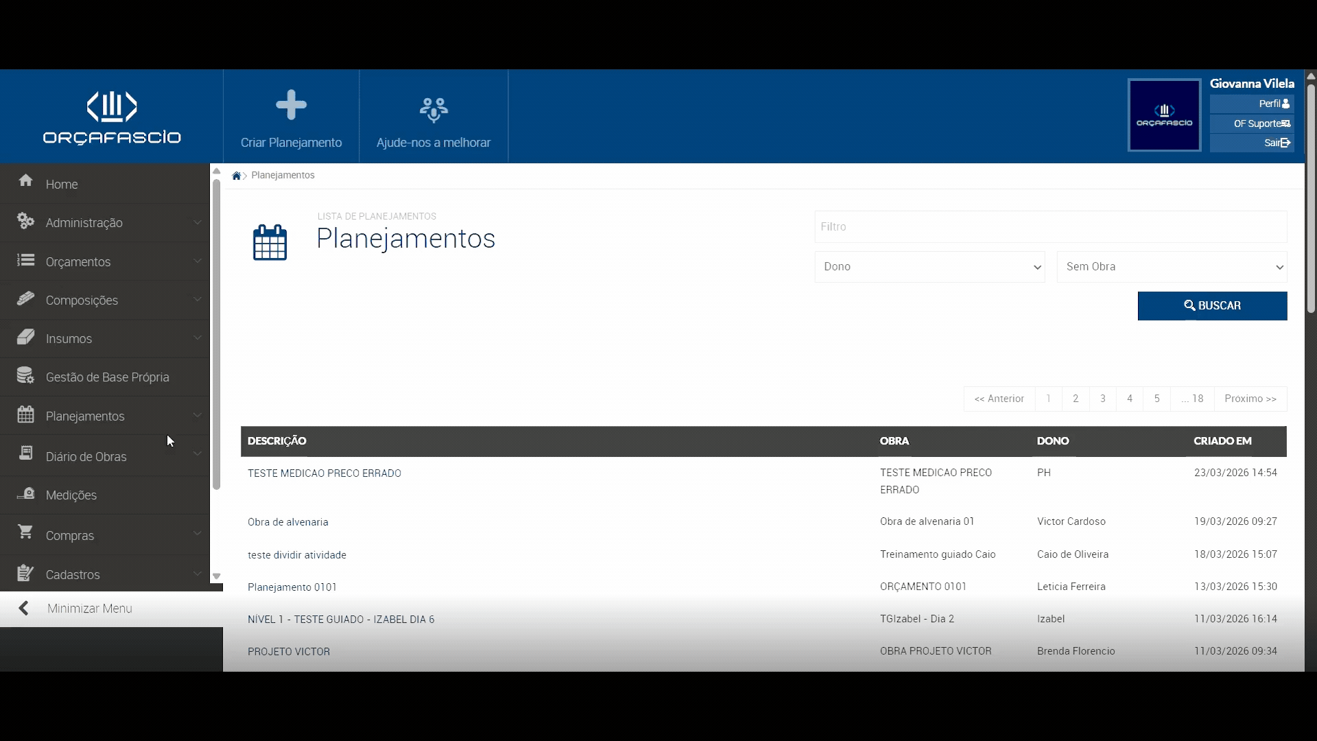 Dashboard da OrçaFascio mostrando recursos de orçamento, planejamento e gestão de obras.
