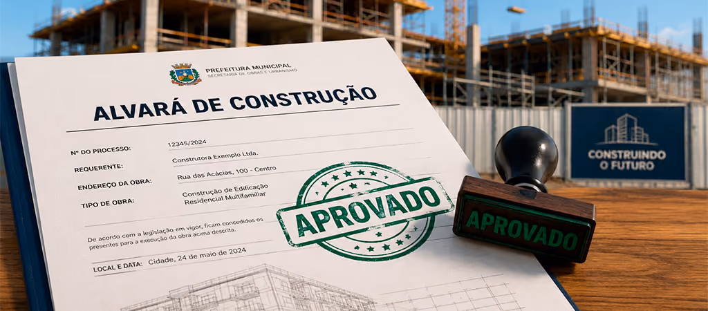 Canteiro de obras ao lado de um documento de alvará de construção com carimbo “Aprovado”.