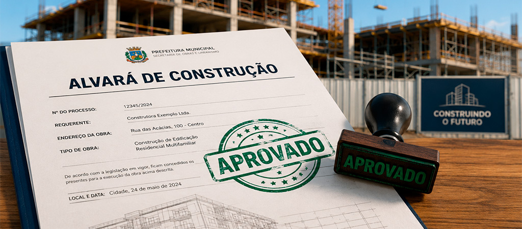Canteiro de obras ao lado de um documento de alvará de construção com carimbo “Aprovado”.