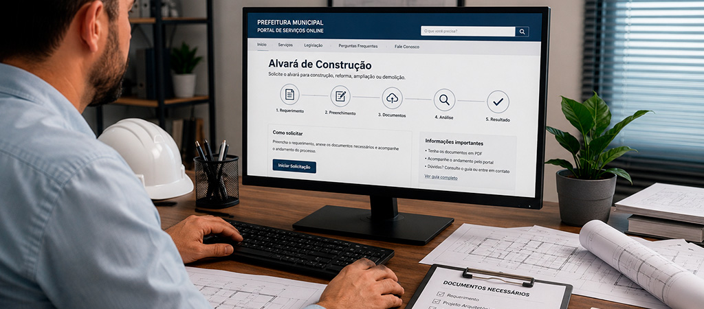Pessoa usando laptop para protocolar alvará de construção em site da prefeitura, com projetos e lista de documentos sobre a mesa.