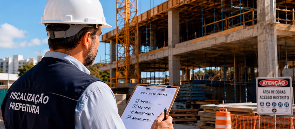 Fiscal da prefeitura em canteiro de obras com prancheta de vistoria e checklist marcado.