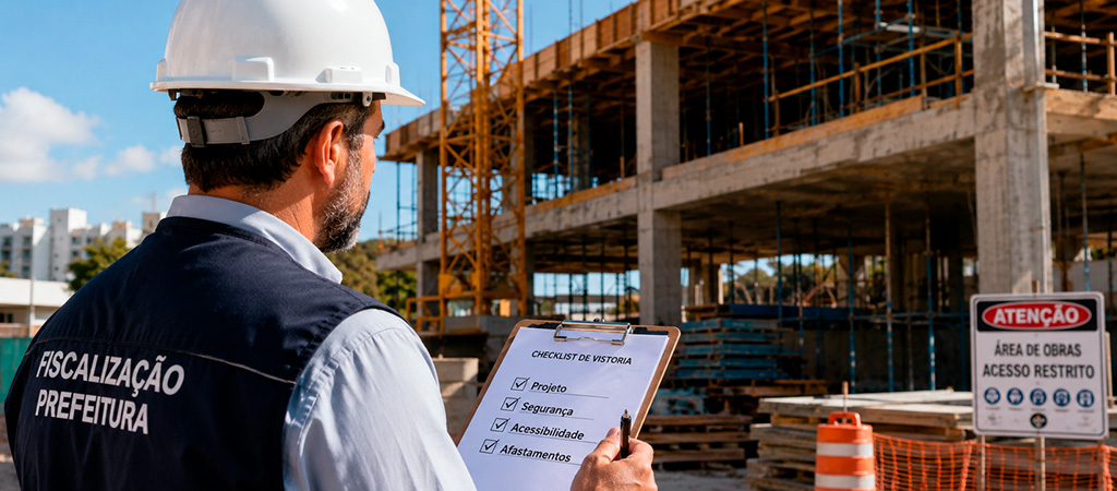 Fiscal da prefeitura em canteiro de obras com prancheta de vistoria e checklist marcado.