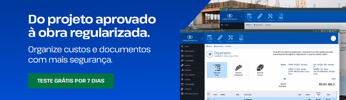 Capacete branco, projetos enrolados e notebook exibindo uma planilha de orçamento diante de um canteiro de obras. Textos: “Do projeto aprovado à obra regularizada. Organize custos e documentos com mais segurança. Teste grátis por 7 dias.”