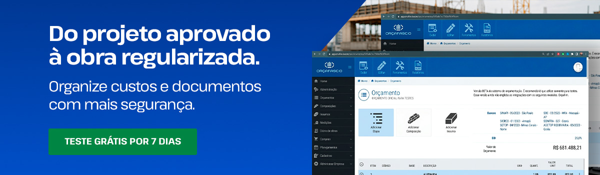 Capacete branco, projetos enrolados e notebook exibindo uma planilha de orçamento diante de um canteiro de obras. Textos: “Do projeto aprovado à obra regularizada. Organize custos e documentos com mais segurança. Teste grátis por 7 dias.”