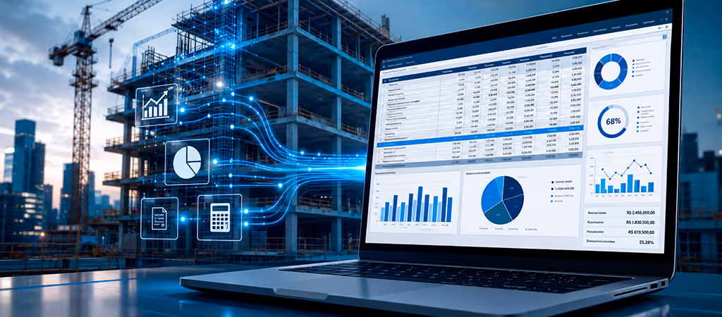 Edifício em construção conectado digitalmente a um notebook que exibe uma planilha orçamentária, gráficos e indicadores de custos.